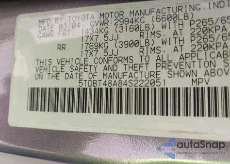 2004 Toyota Sequoia Limited z USA, uszkodzony, nr VIN 5TDBT48A84S222051